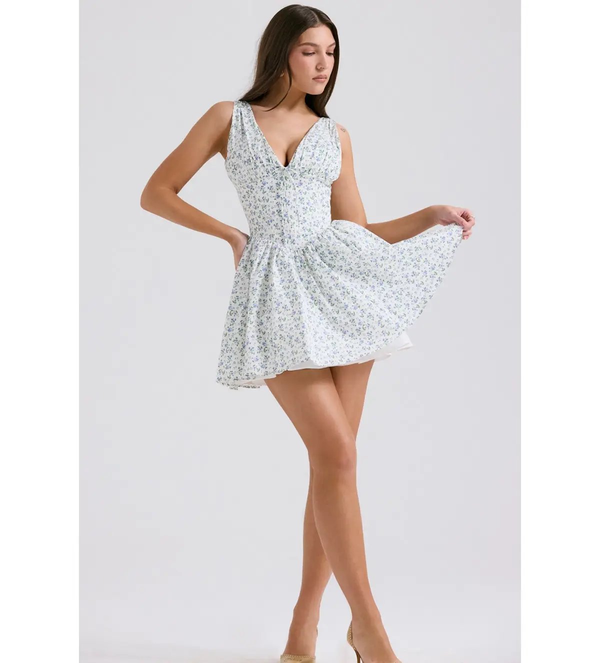 House of CB Fabrizia Corset Mini Dress White Bluebell Print Size XS/Au 6 photo 3