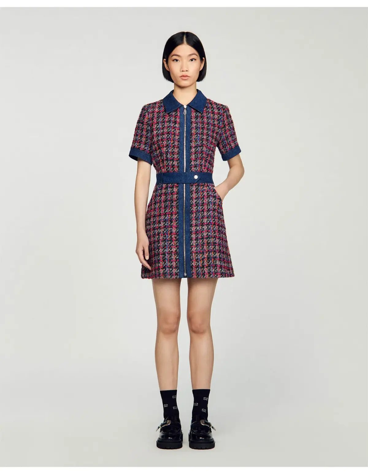 Sandro Denim Tweed Mini Dress Multi Size 12 AU photo 6