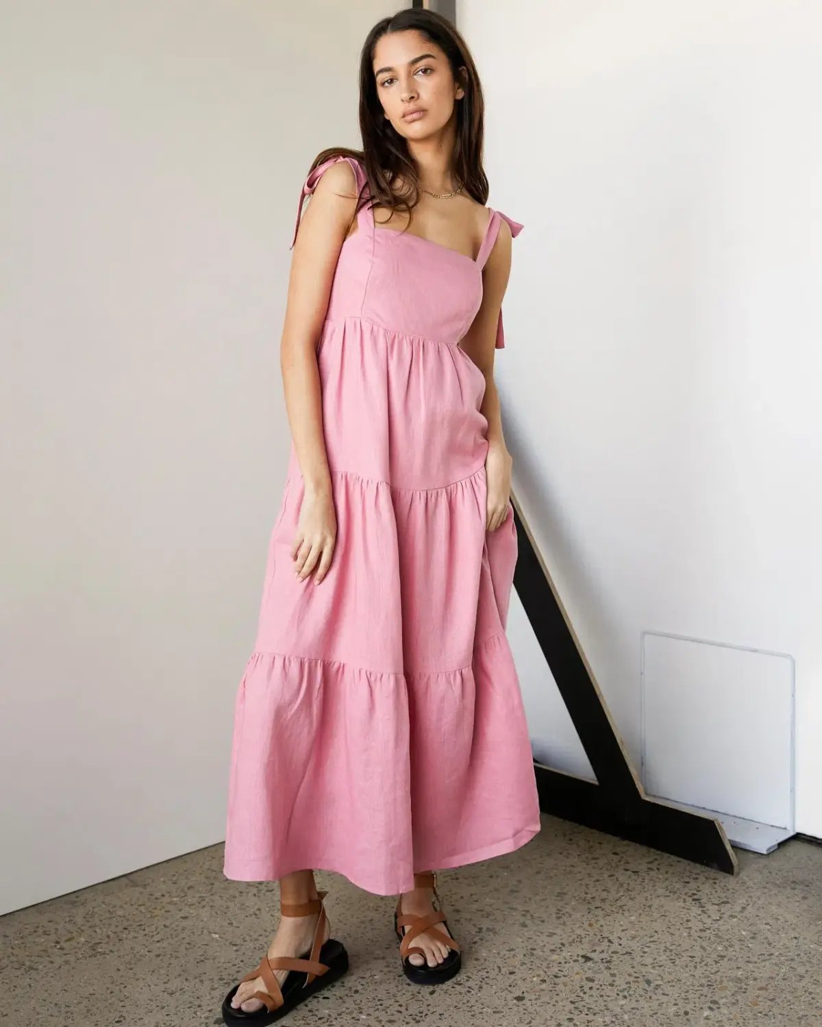 Aere Linen Tie Strap Dress Pink Size 8 photo 2