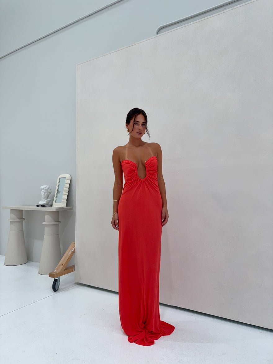Christopher Esber Arced Palm Strapless Gown Grapefruit photo 4