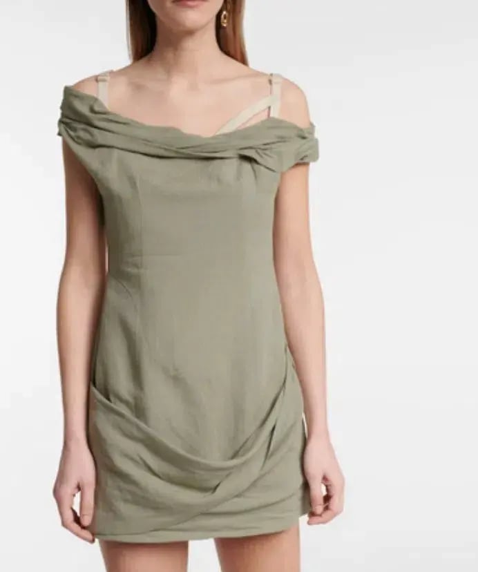 Jacquemus Foglio Off-the-shoulder Gathered Linen-blend Mini Dress In Green - size 38 photo 3