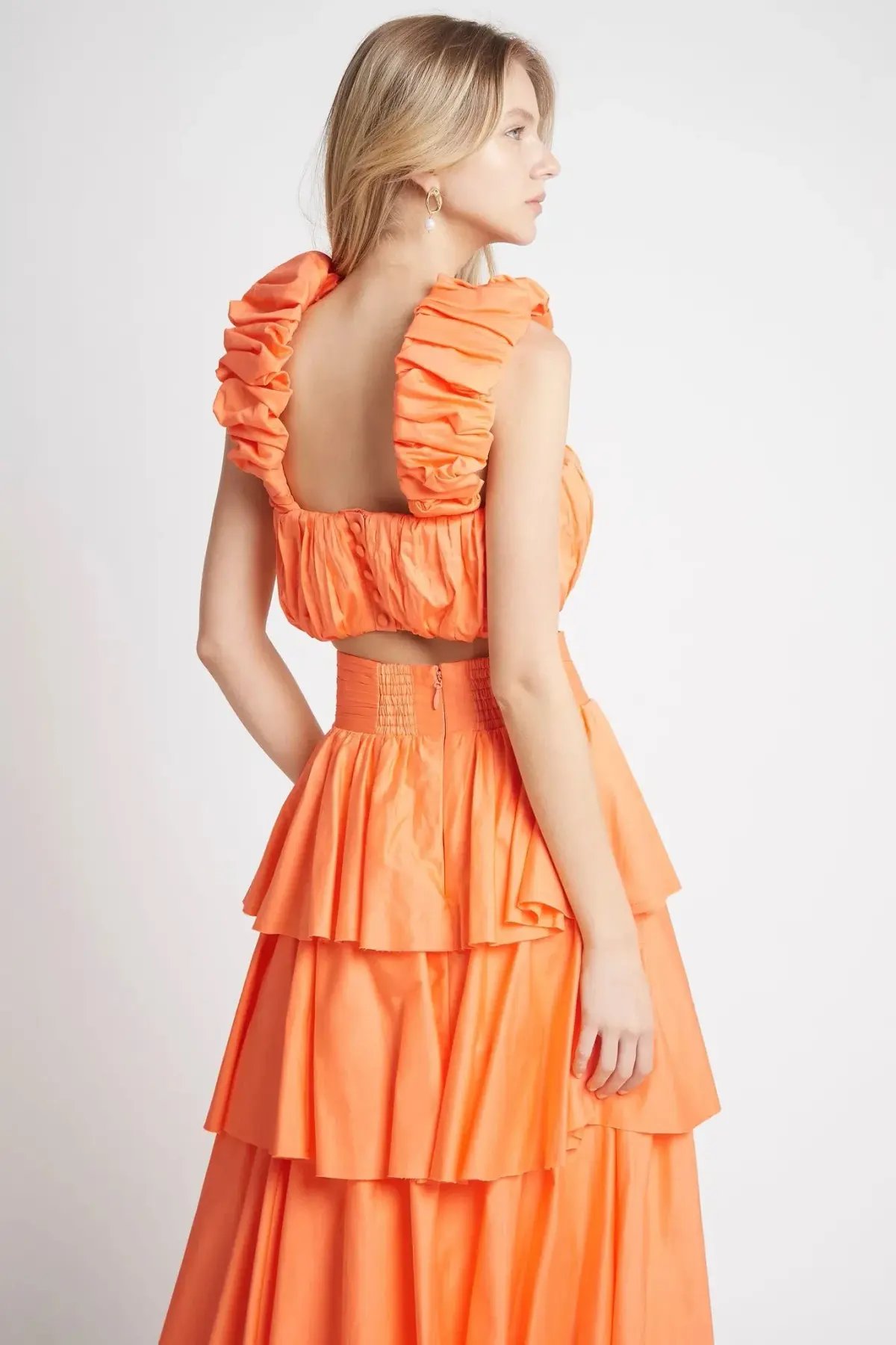 Aje Medina Ruched Cropped Top and Tiered Midi Skirt Set Orange Size 6 photo 4