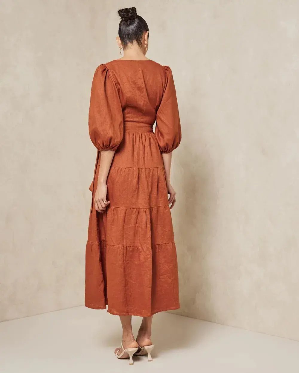 Aere Tiered Linen Wrap Midi Dress Dark Rust Size 10 photo 2