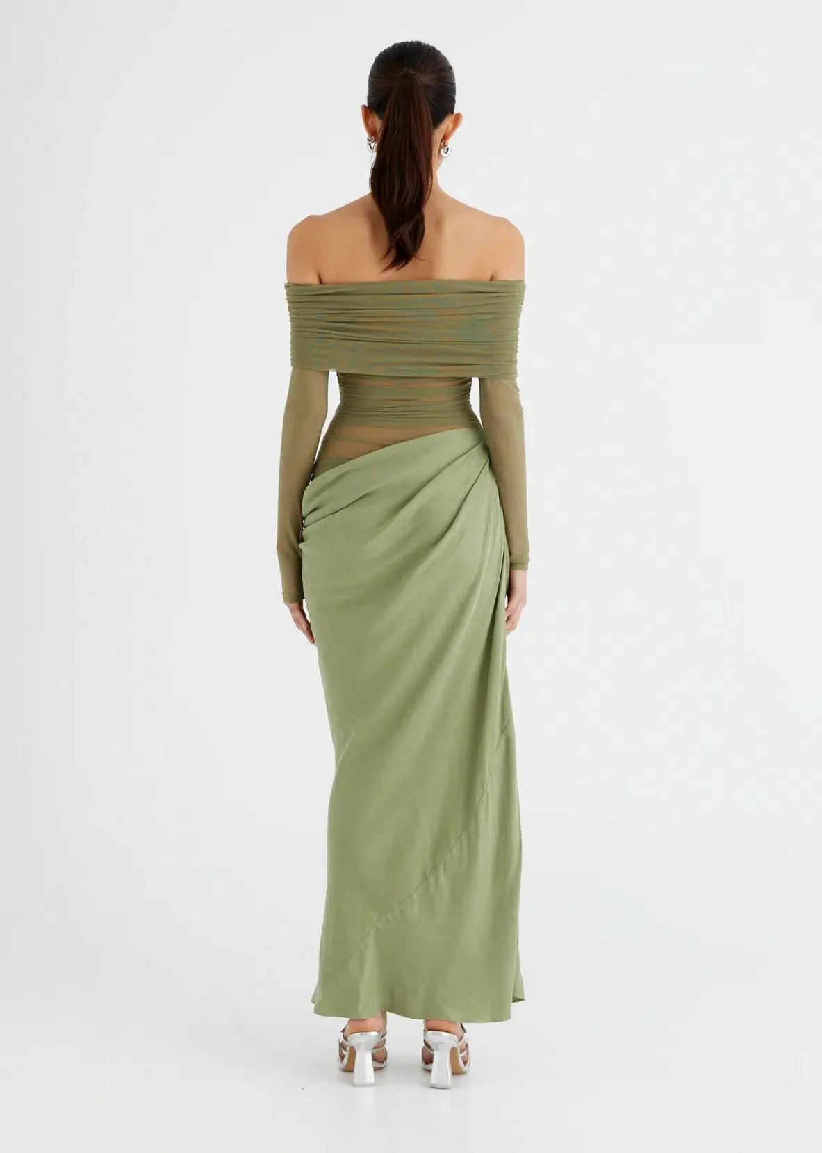 Benni Yasmin Off Shoulder Maxi Dress Pistachio Green Size 10 photo 3