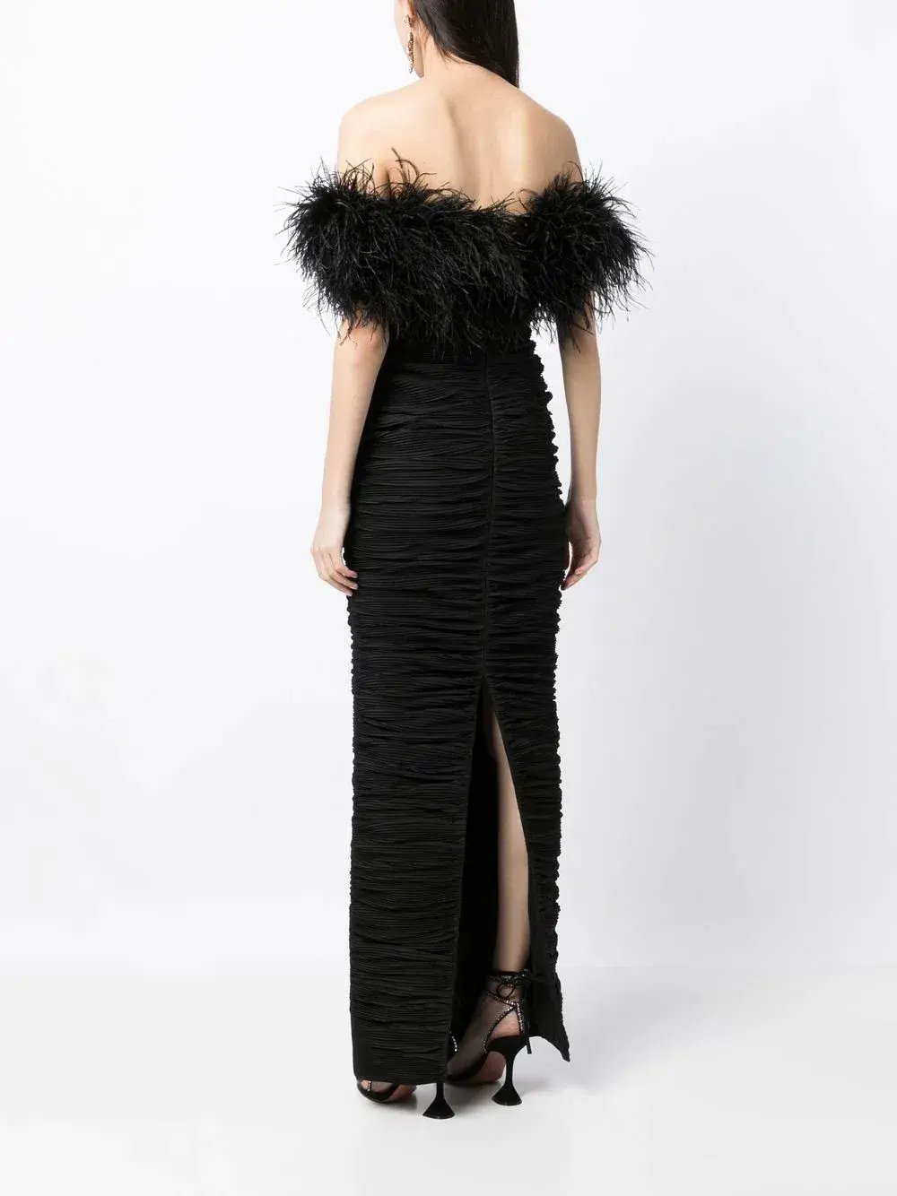Rachel Gilbert Zion Feather Trim Ruched Gown Black Size 10 photo 3