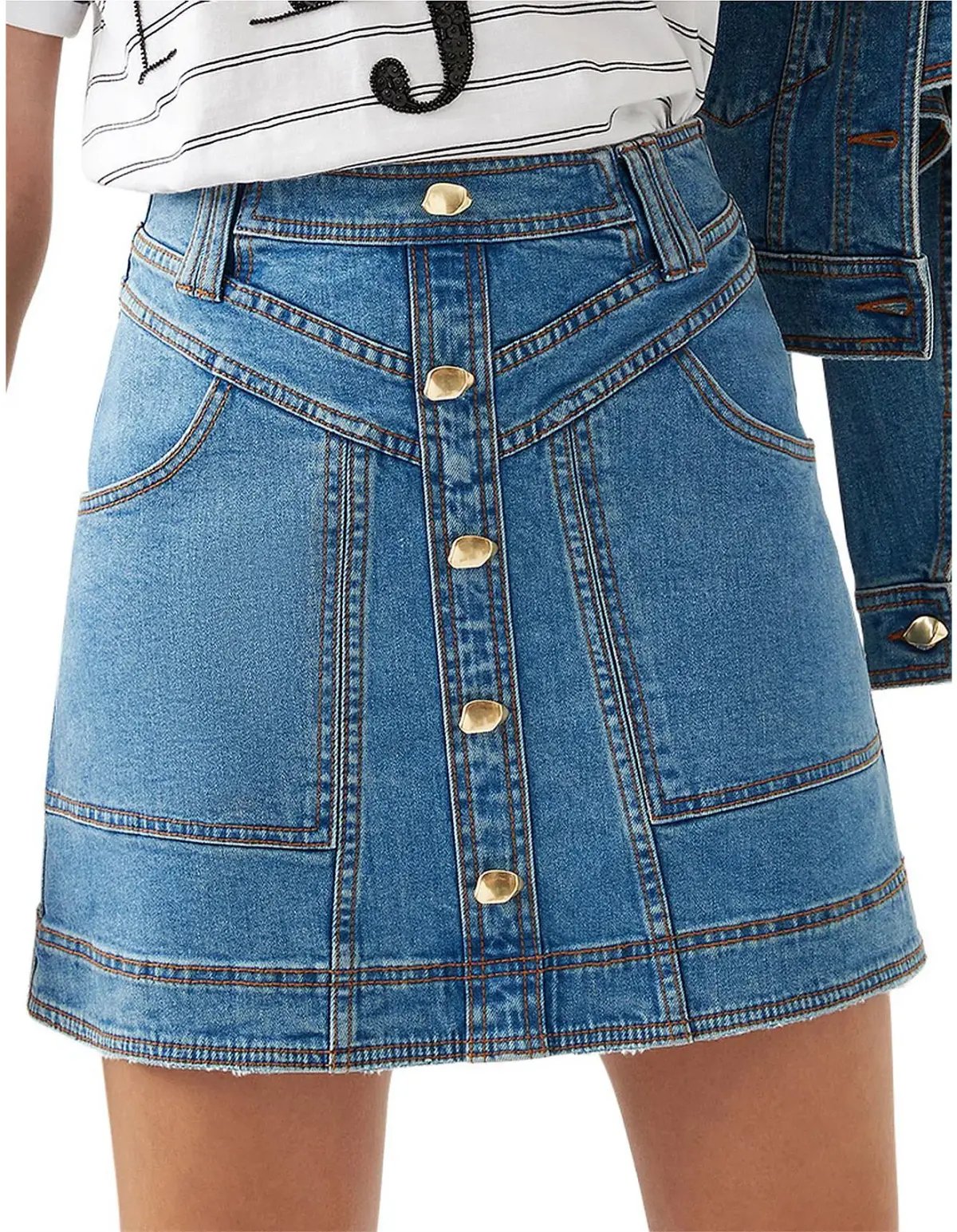 Aje Belmond Mini Skirt in Denim Blue Size 8 and Logo Tee White Print Size 6 Set photo 4
