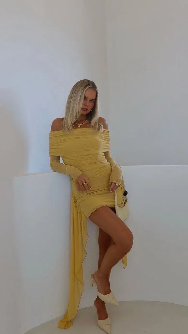 BENNI Yasmin Mini Dress Mustard Size AU 8 photo 4