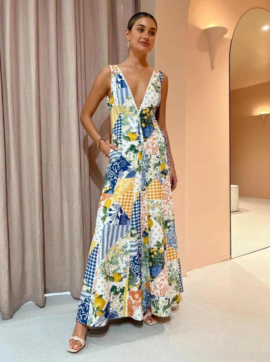 By Nicola Wavy Maxi Dress in Lemon Patchwork Size 6 photo 2