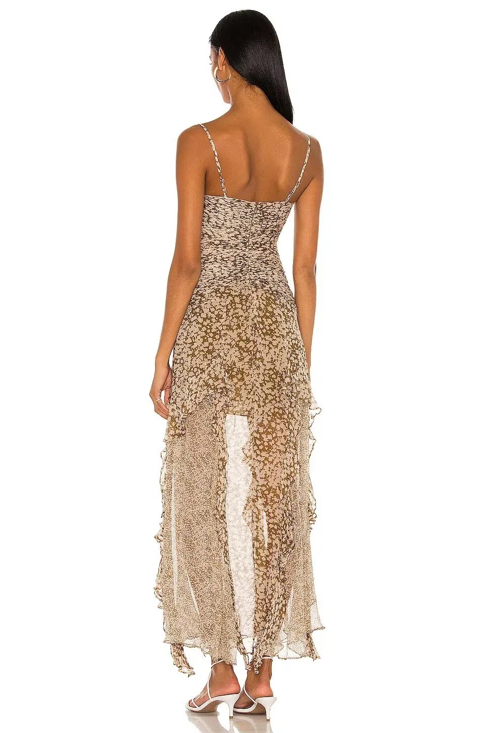 Shona Joy Claudette Ruched Frill Midi Dress Olive/Cream Print Size 8 photo 3