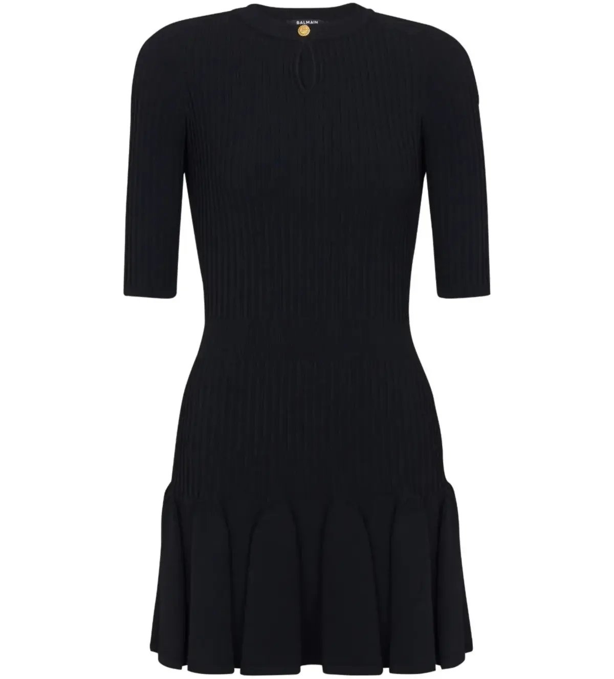 Balmain Round Neck Pleated Ribbed-Knit Skater Mini Dress Black Size AU 10 photo 5