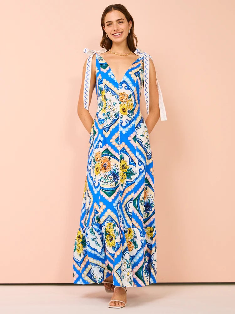 By Nicola Adoncia Tie Shoulder Maxi Dress In Azure Floral photo 4