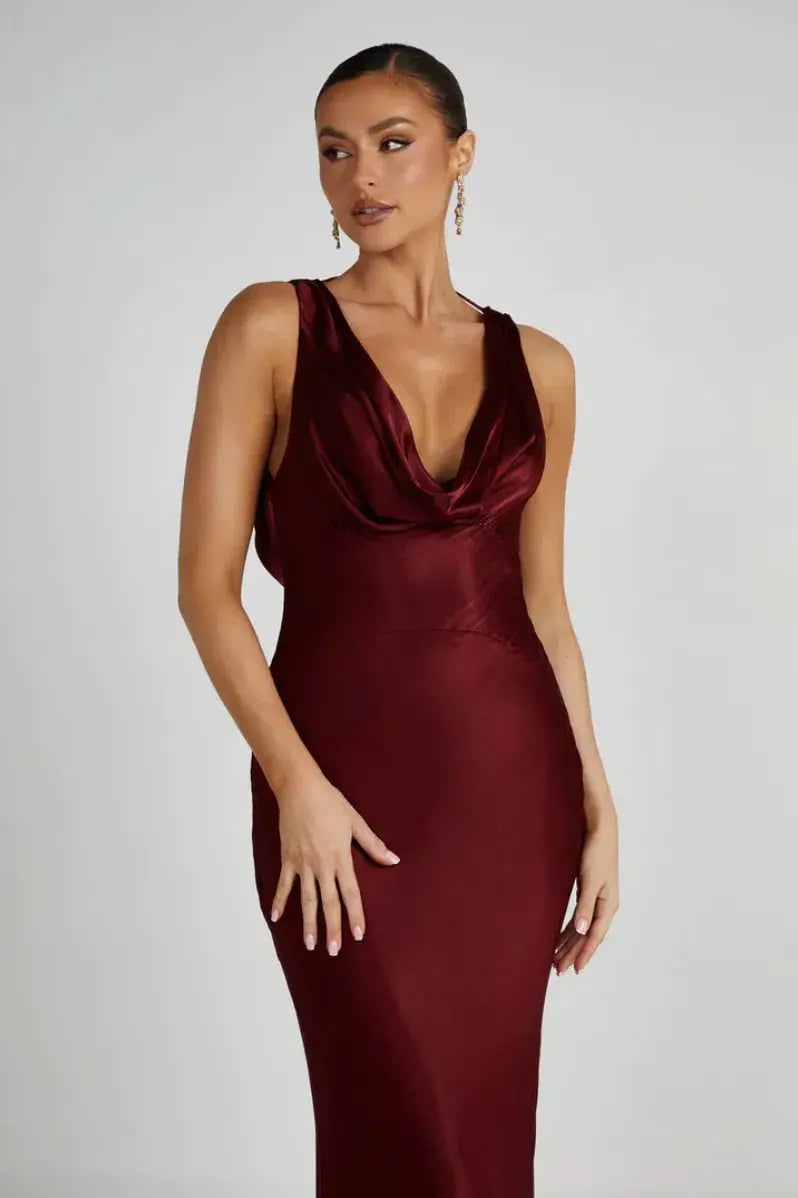 MESHKI Angelique Satin Cowl Back Maxi Dress Berry in Size S / AU 8 photo 3