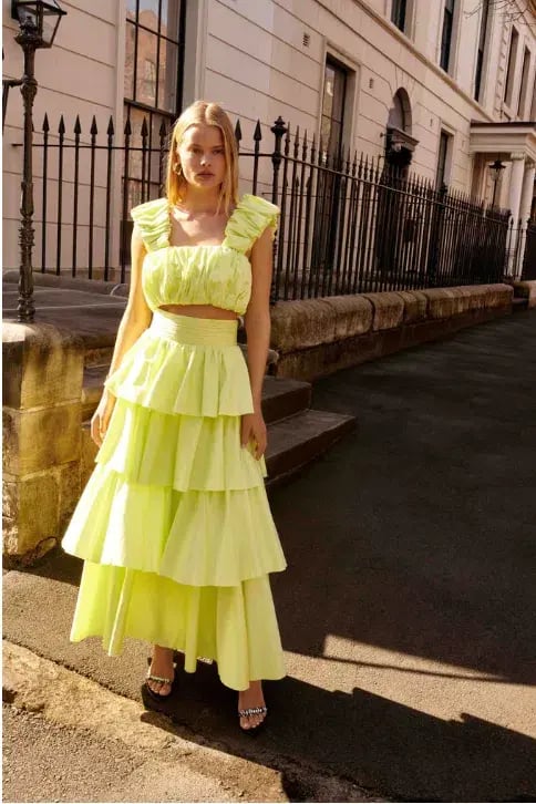Aje Medina Ruched Cropped Top & Tiered Midi Skirt Set Yellow Size L / Au 12 photo 4