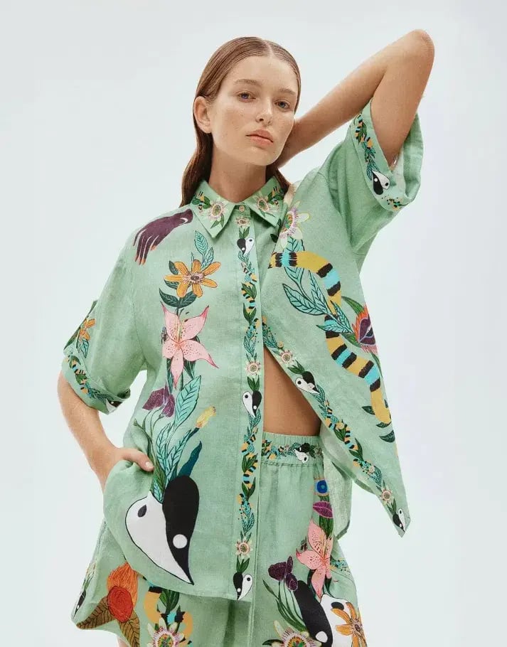 Alemais Meagan LInen Shirt Size 12 and Shorts Size 14  Set Green/Print photo 3