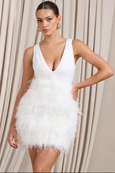 Club L London Flirt  Plunge Front Mini Dress with Feather Skirt White Size 4 photo 4