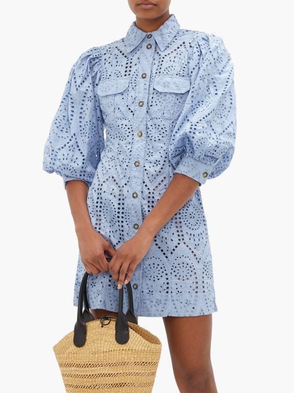 Ganni Balloon-sleeve broderie anglaise mini shirt dress photo 3