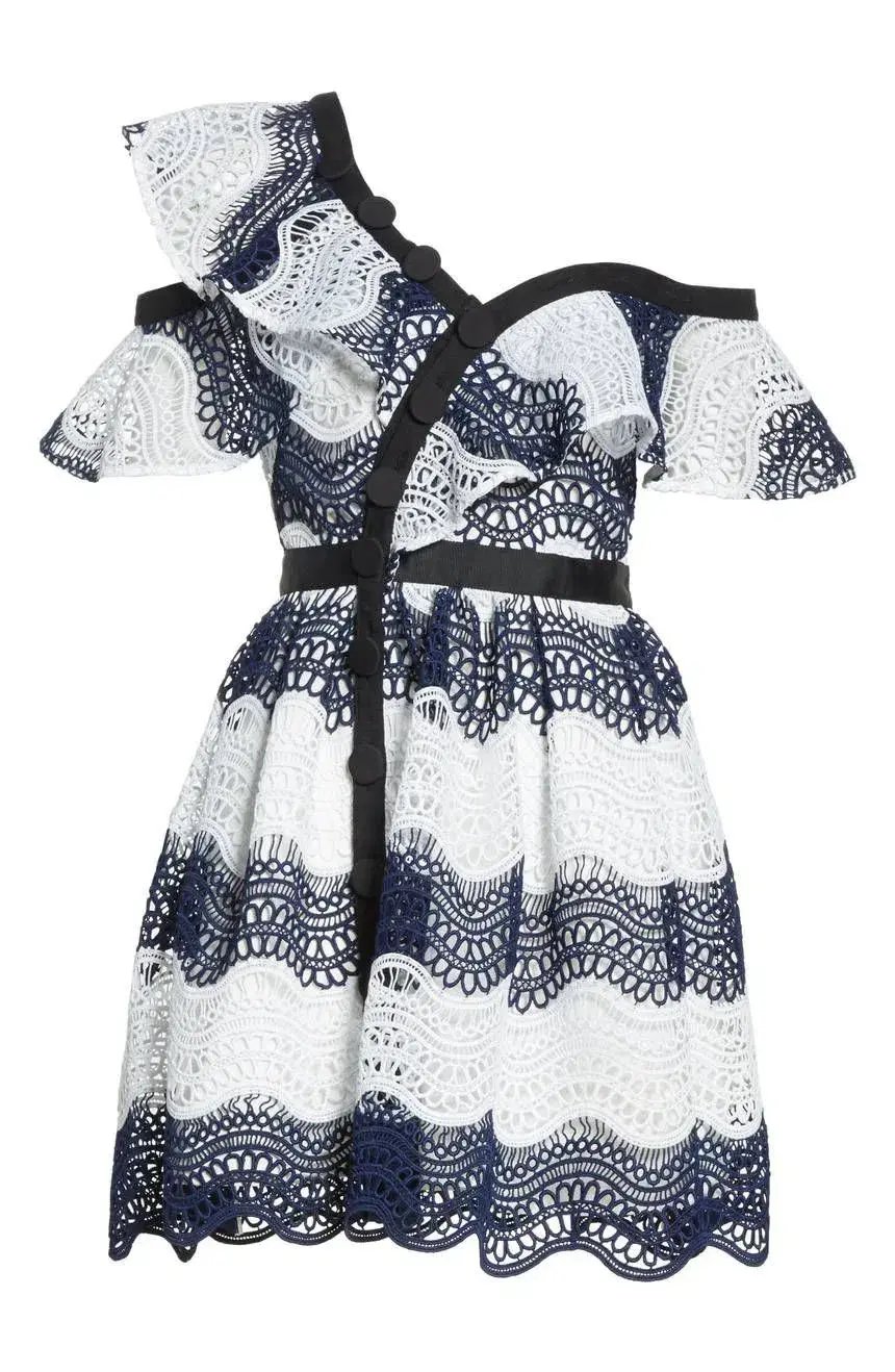 Self Portrait Wave Lace Frill Minidress Dress White/Navy Size10 photo 4
