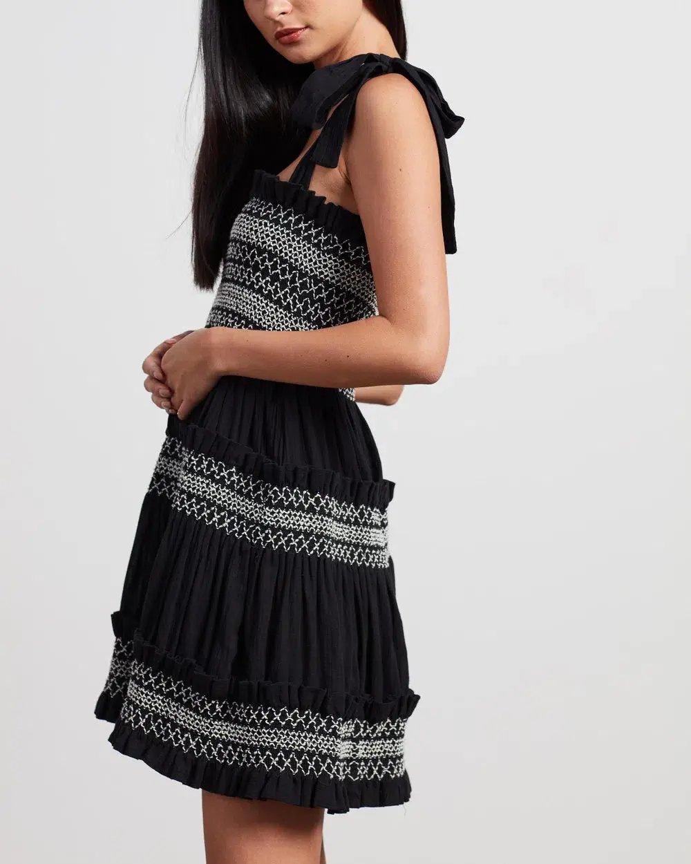 Shona Joy Leda Shirred Tiered Mini Dress Black Size 8 photo 4