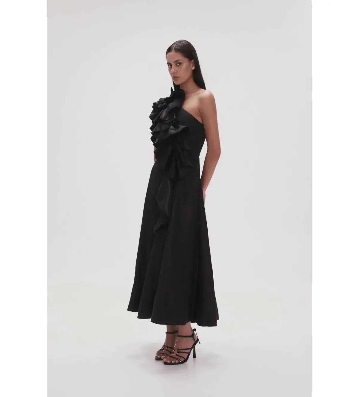Aje Adelia Ruffle Midi Dress Black Size S/AU 8 photo 3
