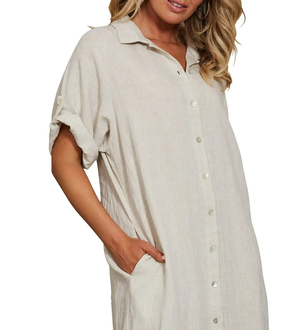 Eb And Ive Short Tab Sleeve Linen Studio Midi Shirt Dress Tusk Size M / AU 10 photo 4