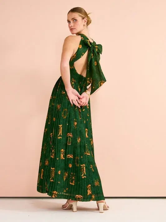 Kate Ford Manisa Pleated Gown In Green Print Size 12 photo 2