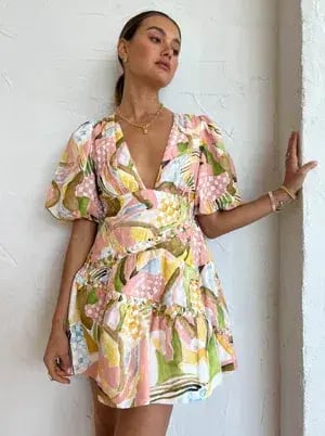 By Nicola Sol Puff Mini Dress in Swirl Check Multi-Colored Size AU 8 photo 3