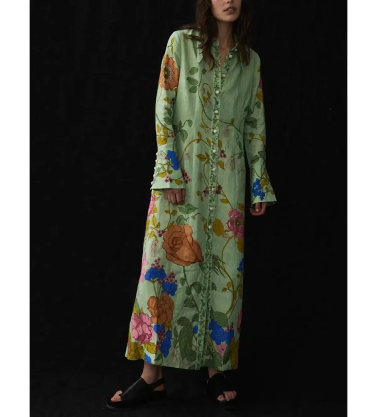 Alemais Olivia Floral Linen Maxi Shirt Dress Green Size 16 photo 3