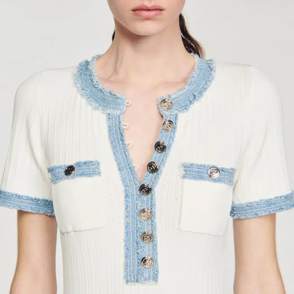 Sandro Knit and Denim Midi Dress White Size 8 photo 3