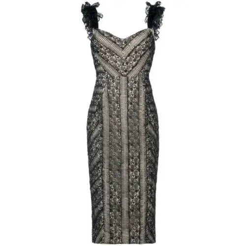 Rebecca Vallance Lou Lou Ruffle Pencil Midi Dress Lace Embroidered Black Size AU 8 photo 3