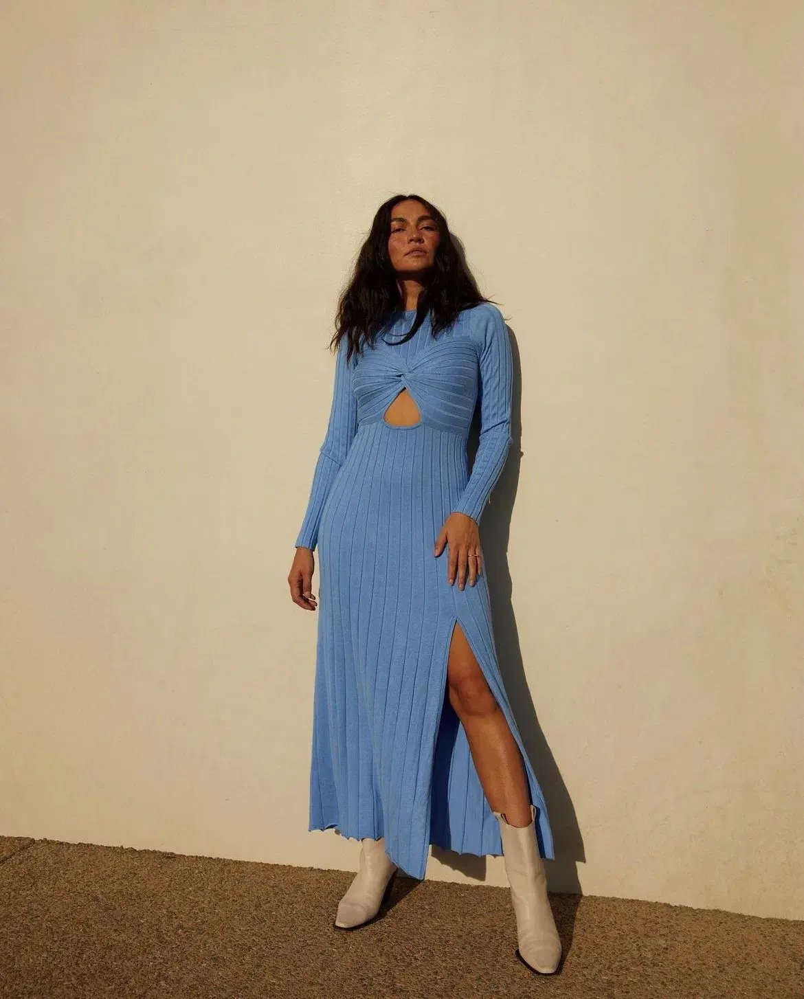 Sovere Recline Knit Midi Dress in Azure Size 6 photo 3