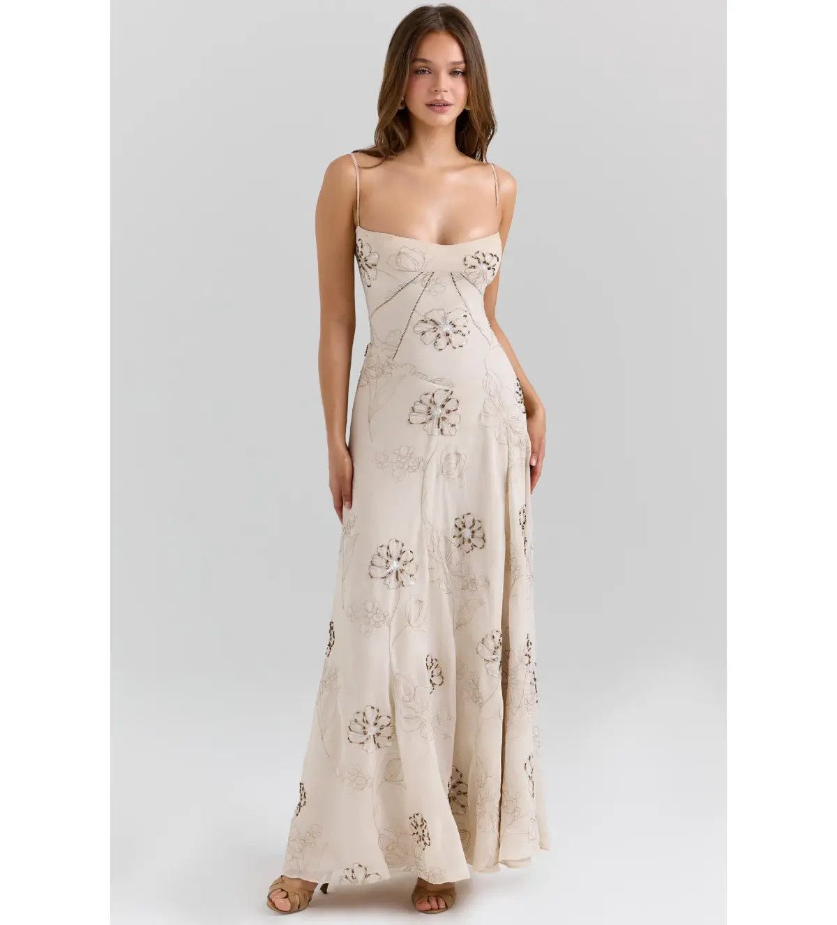House of CB Seren Maxi Dress in Vanilla Hand-Beaded Floral Embroidery Size 10/M photo 2
