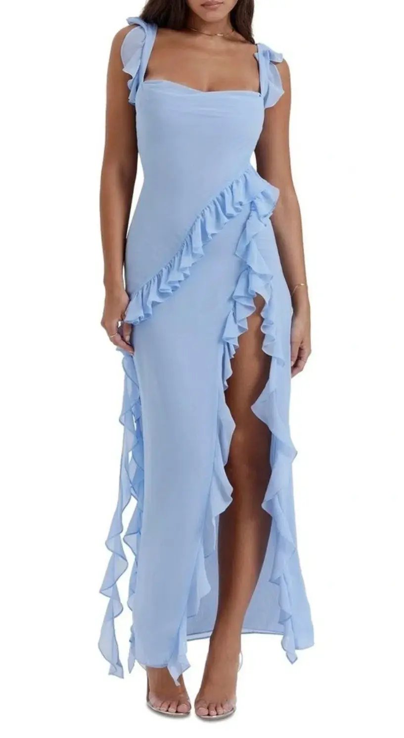 House of CB Ariela Ruffle Dress Blue Size 6 photo 3