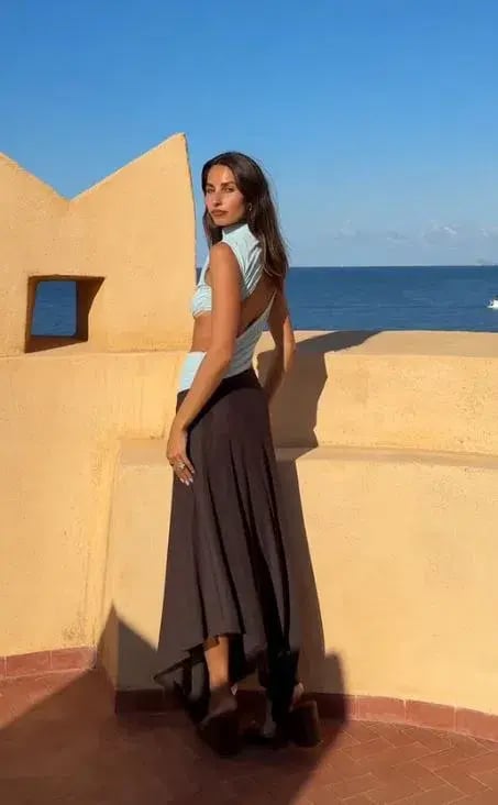 Bec and Bridge Conni Asym Midi Dress in Arctic Blue and Dark Chocolate Size 8 photo 3