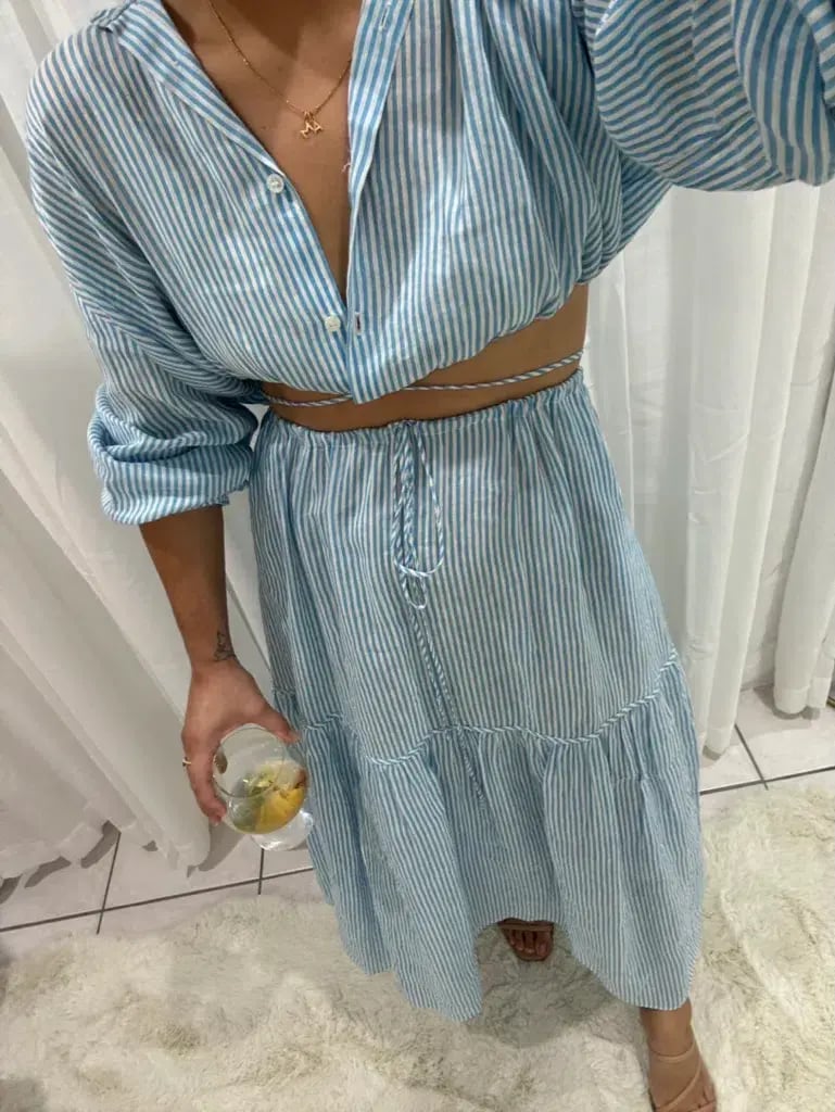 Scanlan Theodore Striped Cotton Voile Crop Shirt and Skirt Set Print Blue Size AU 6 photo 5