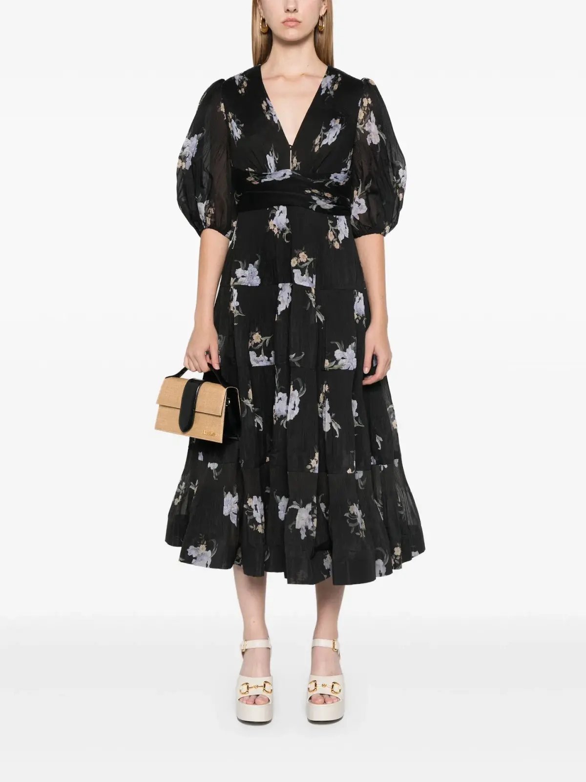 Zimmermann Pleated Midi Dress Black Iris Floral Size 1/ AU 10 photo 2
