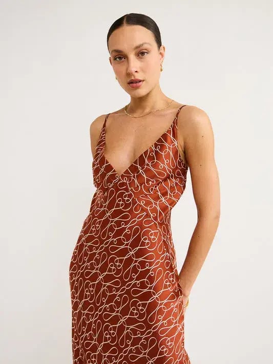 Shona Joy Artisti Silk Plunged Slip Midi Dress In Brick/Cream Size 8 photo 2