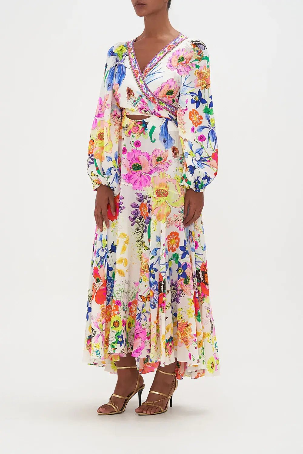 Camilla Wrap Tie Dress With Blouson Sleeve Fairy Gang Floral Size L/ Au 14 photo 3