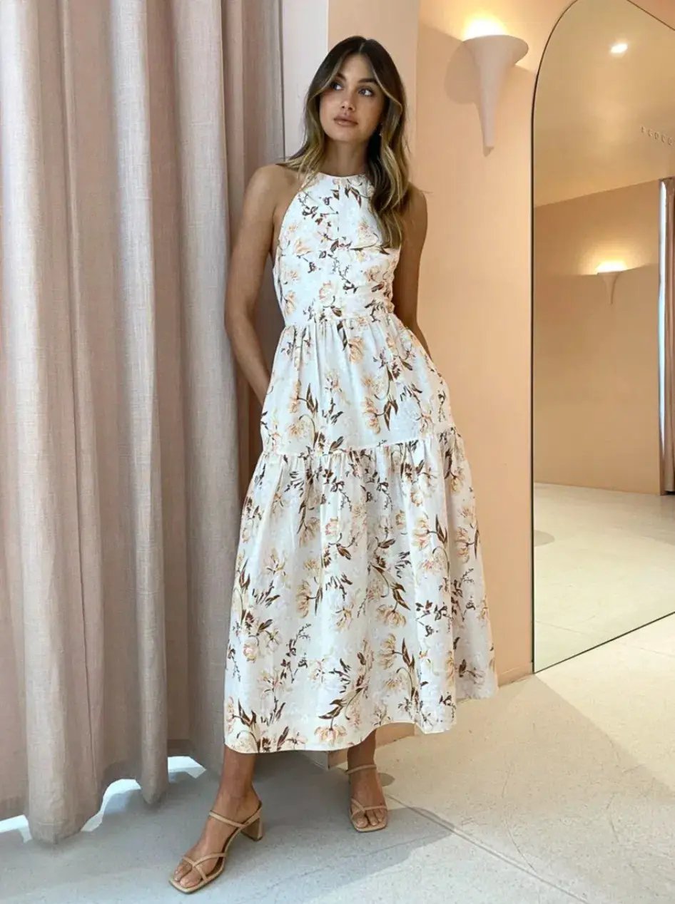 Shona Joy Roxanne Linen Open Back Tiered Midi Dress Beige Size AU 12 photo 4