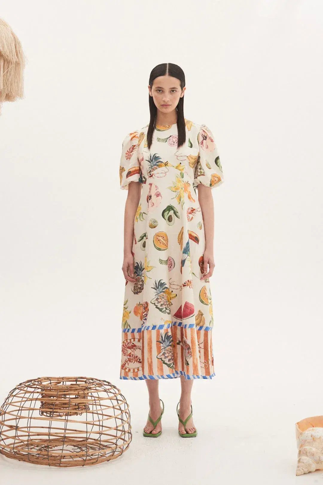 Alemais Theo Midi Linen Puff Sleeve Dress Print Size 12 photo 4