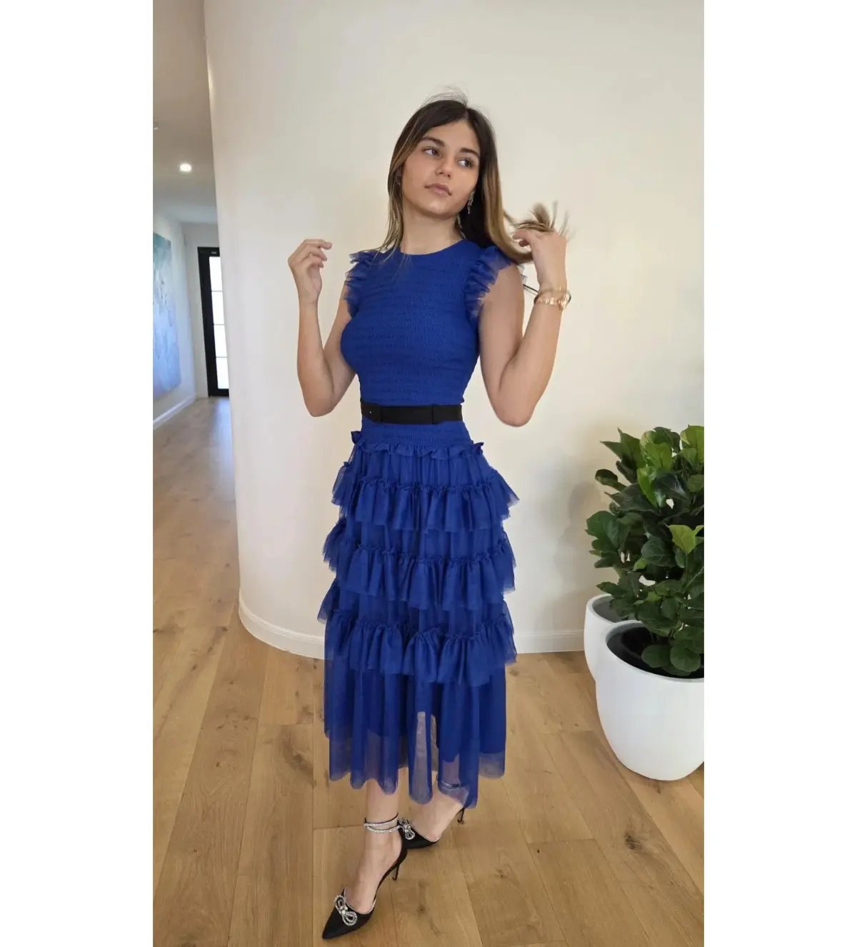 ME+EM Ethereal Tulle Shirred Midi Dress Electric Blue Size AU 8 photo 4