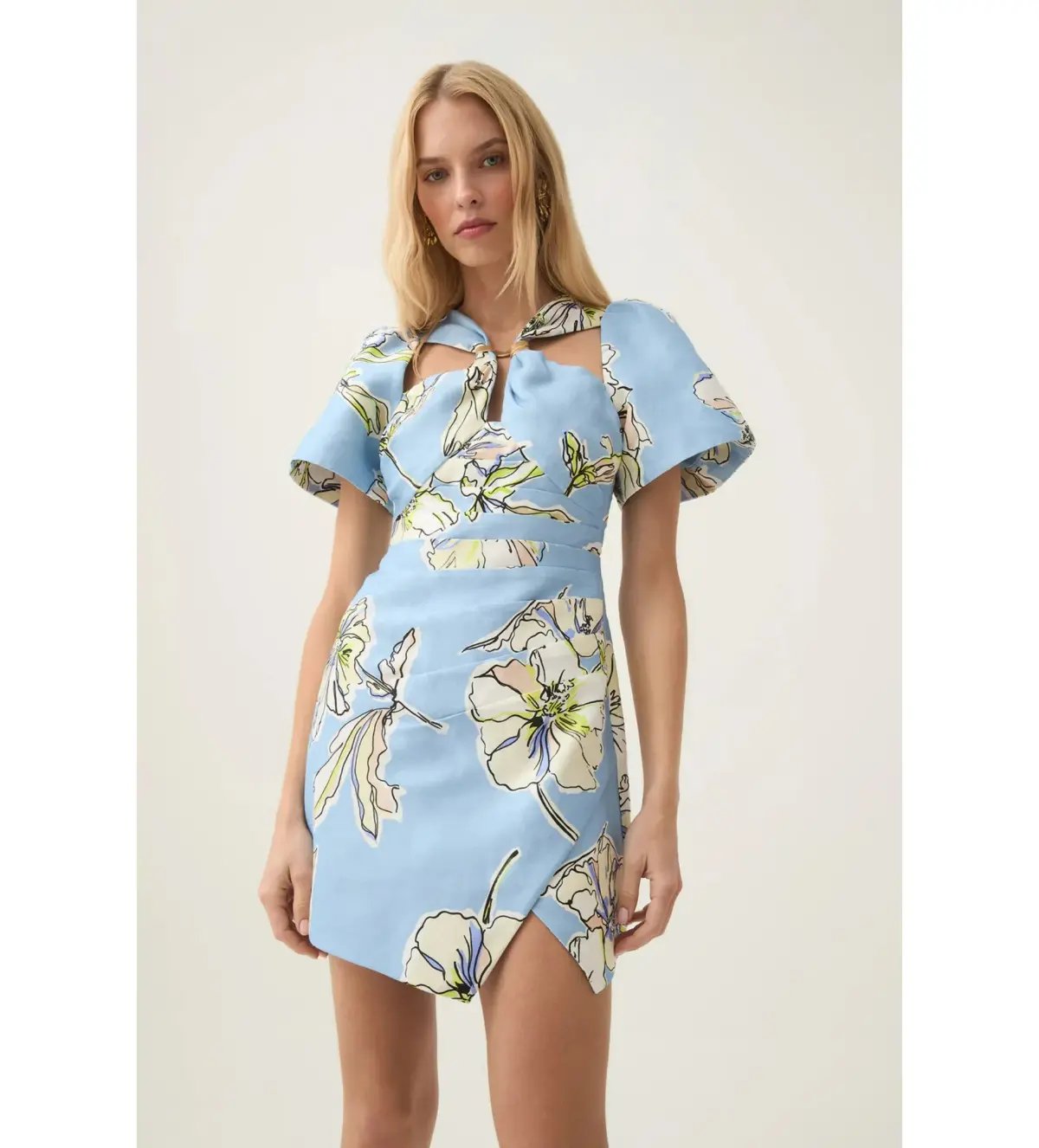 Aje Presence Twisted Mini Dress Blue Hibiscus Print Size AU 10 photo 2