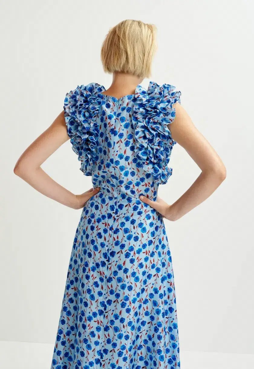 Essentiel Antwerp Essentiel Silk Print Ruffle Midi Dress in Blue Floral Size 10 photo 2