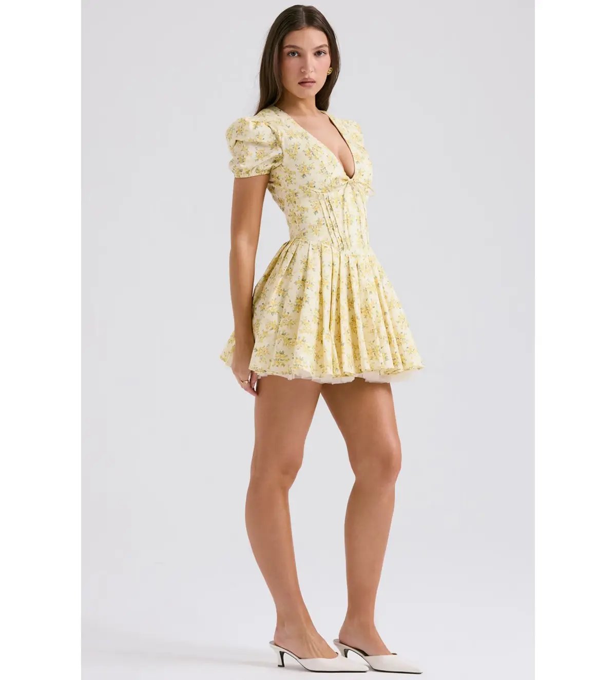 House Of CB Imani Buttercup Pleated Cotton Mini Dress Vintage Floral Print Size 8 photo 3