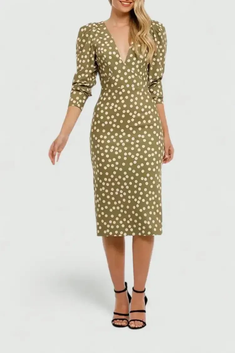 By Johnny Peach Polka V Plunge Midi Dress in Olive Peach Size 10 photo 2