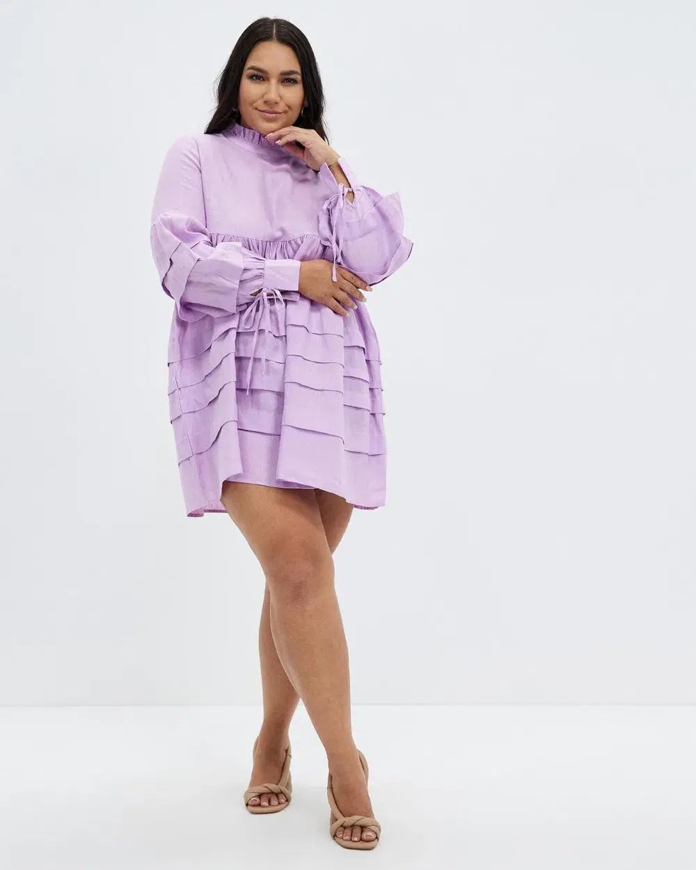 Aere Pleat Detail Linen Smock Dress Lilac Size 14 photo 4
