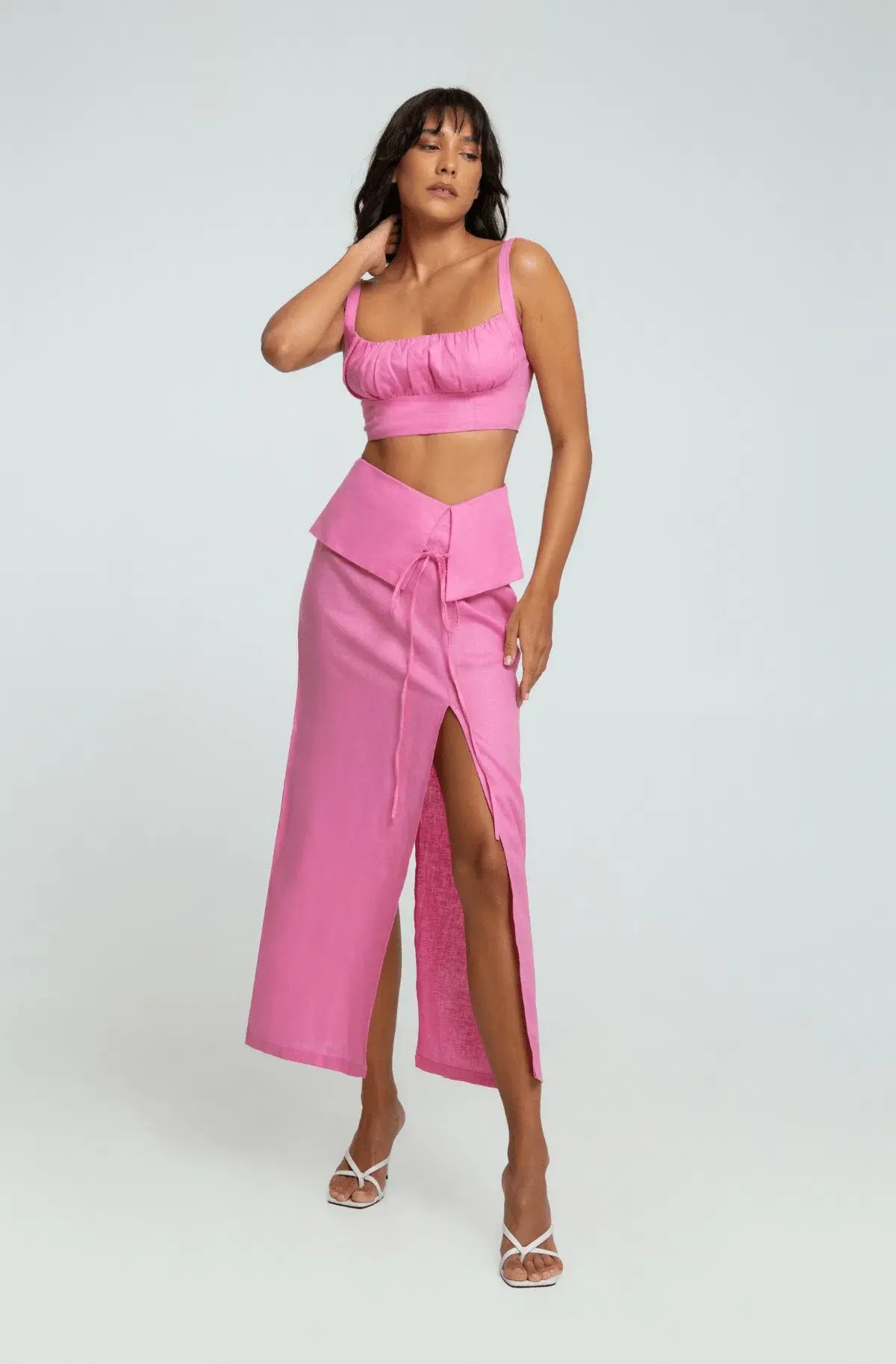 Summer Born Label Catara Linen Crop Top and Midi Skirt Set Pink Size XS /AU 6 photo 4