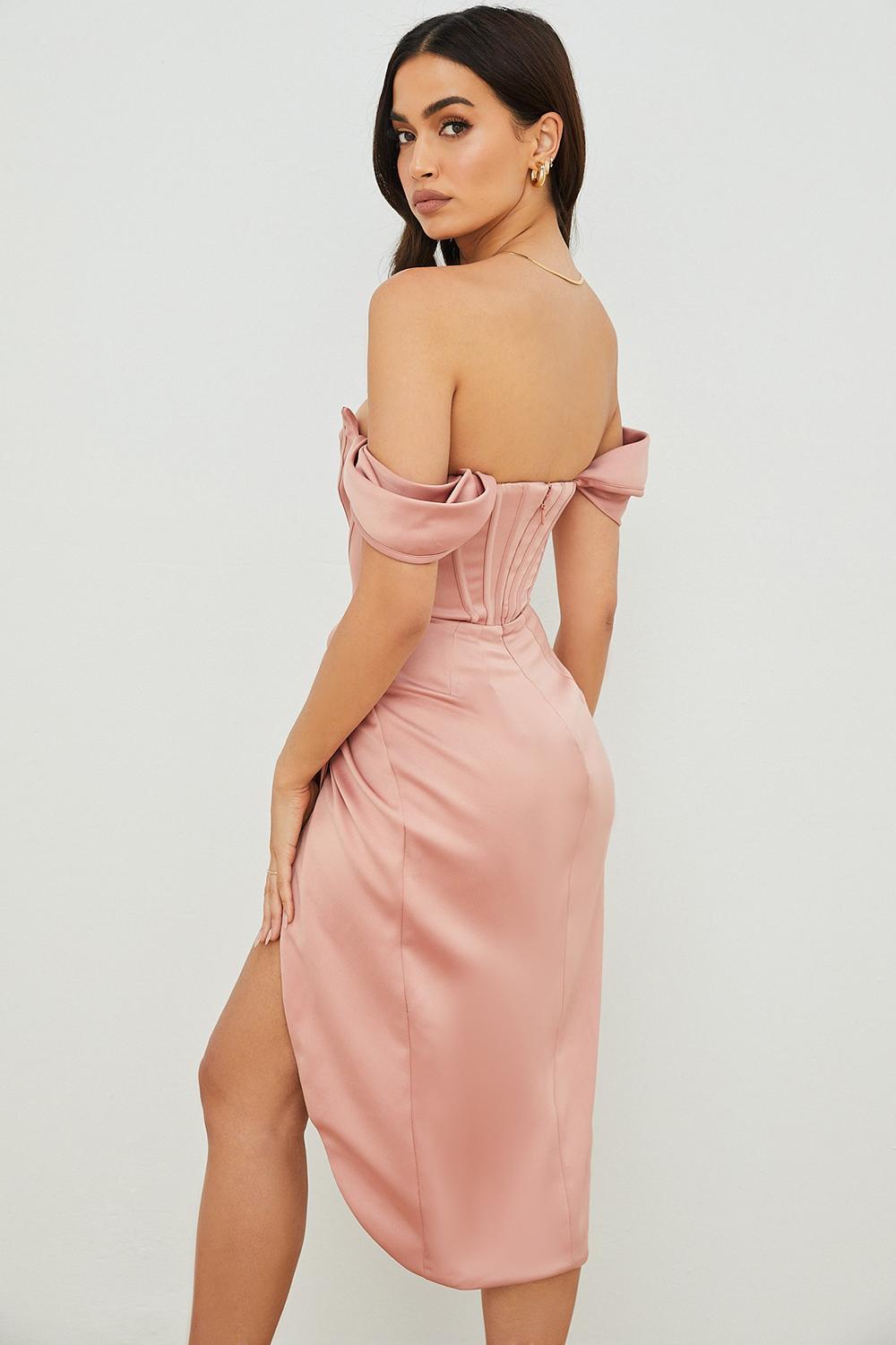 House Of CB Loretta Blush Satin Off Shoulder Midi Dress Pink Size 8 photo 2