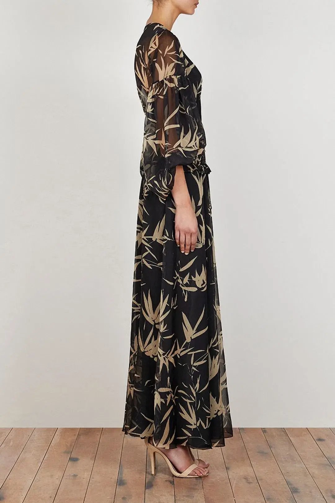 Shona Joy Monterey Shirred Lace Up Maxi Dress in Black/Wheat Print Size AU 8 photo 5
