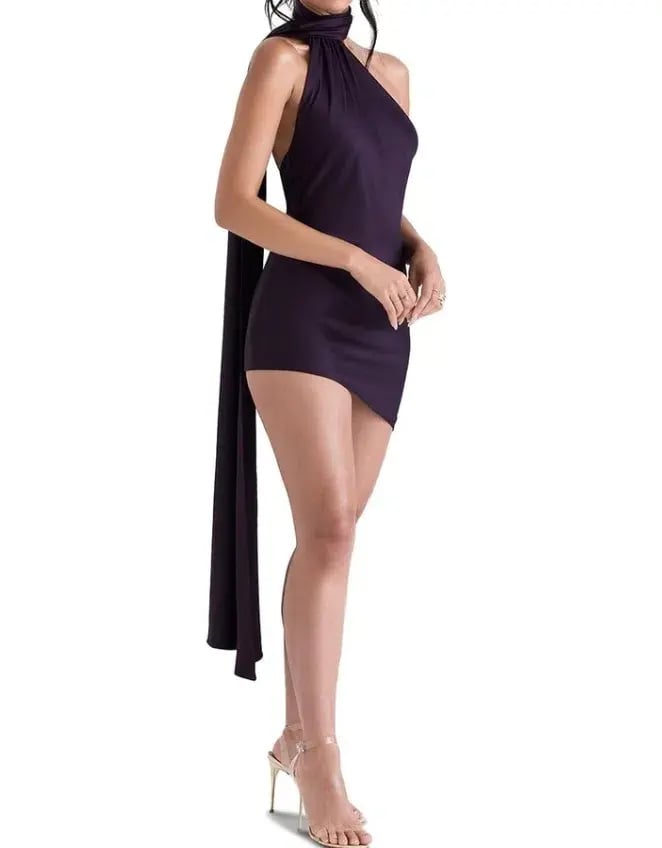 House of CB Aida Asymmetric Wrap Neck Dress Night Shade Size 8 photo 3
