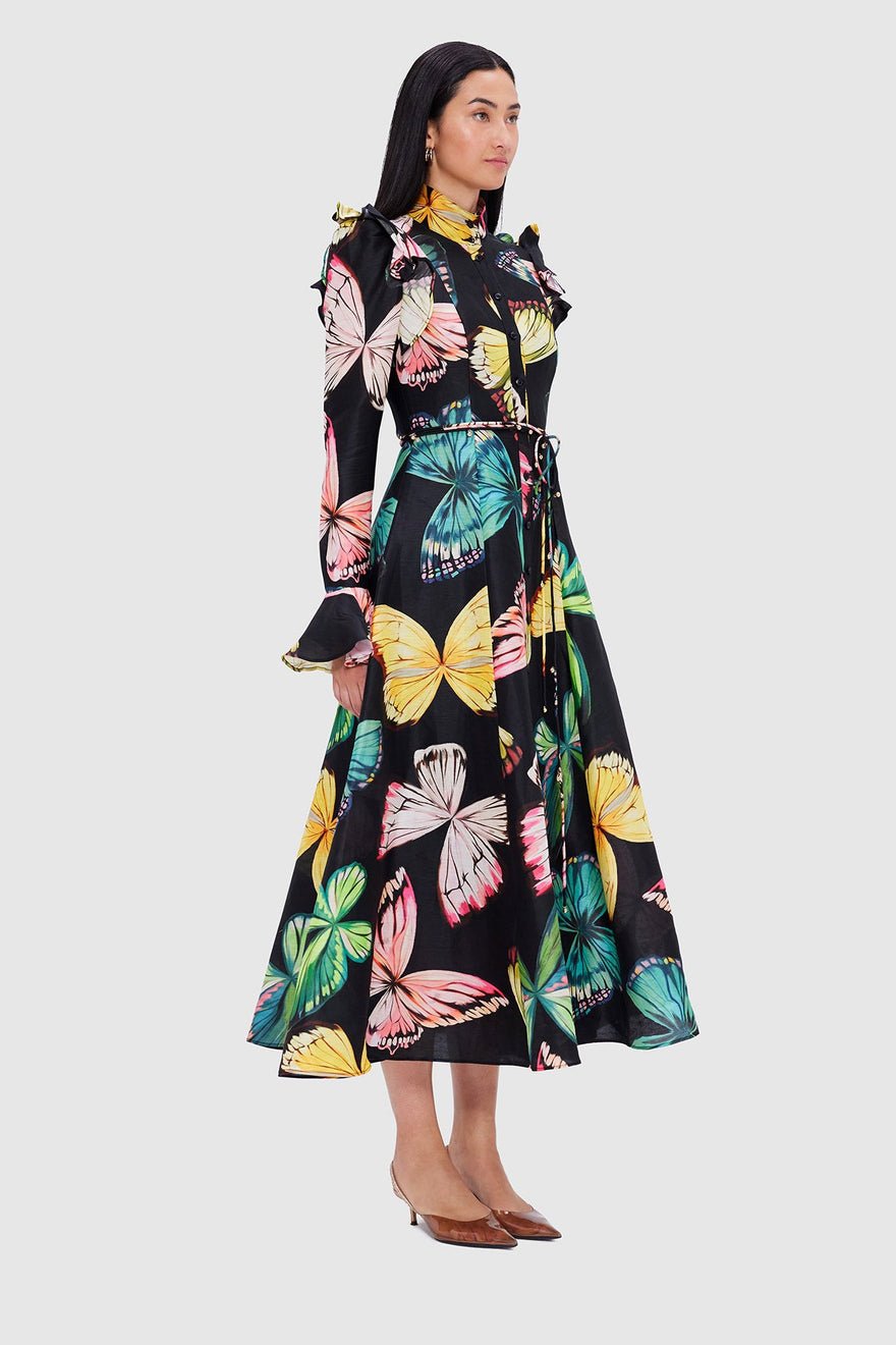 Leo Lin Katrina Butterfly Sleeve Midi Dress - Papillon Print in Black photo 3